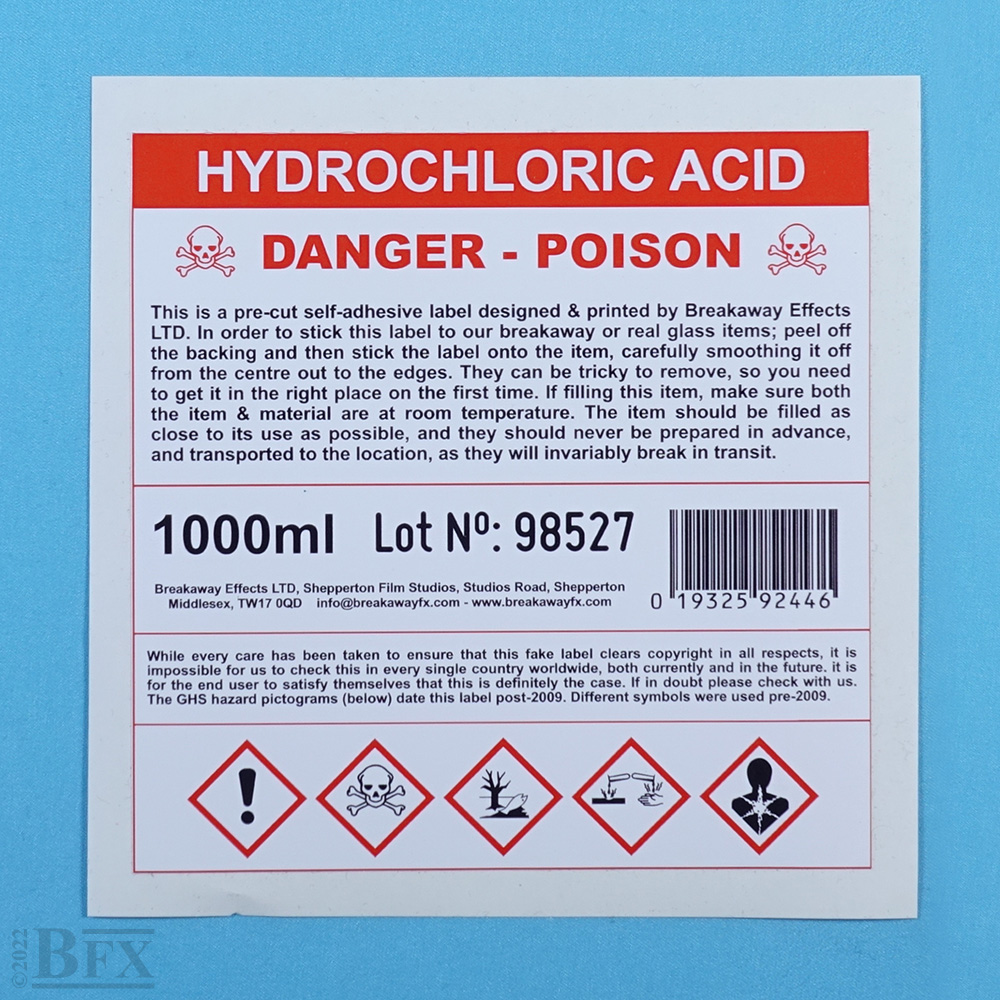 CL03 Hydrochloric Acid Chemical Bottle Label Breakaway Effects